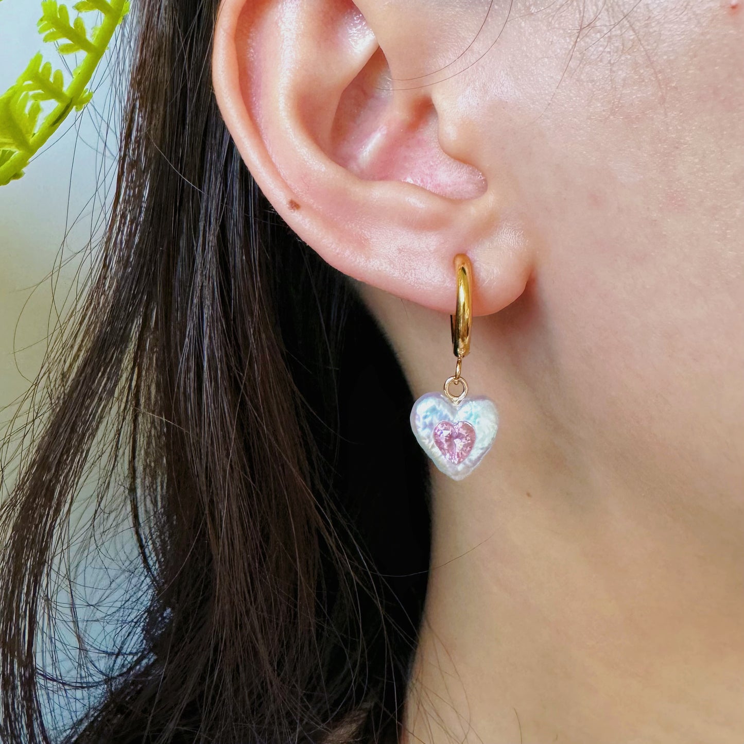 Pink Gemstone Heart Pearl Hoop Earrings