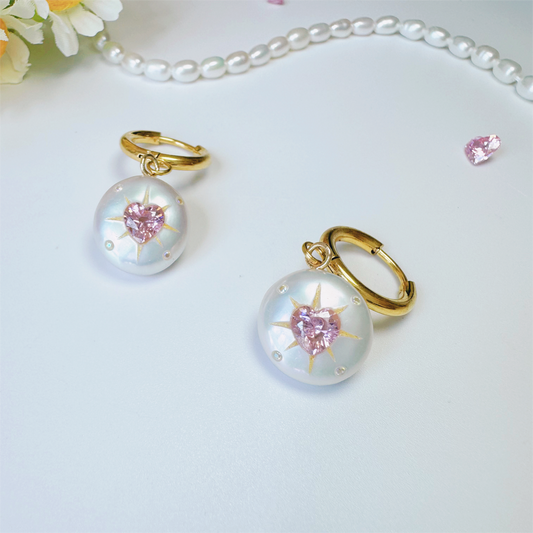 Pink Heart Gemstone Coin Pearl Hoop Earrings