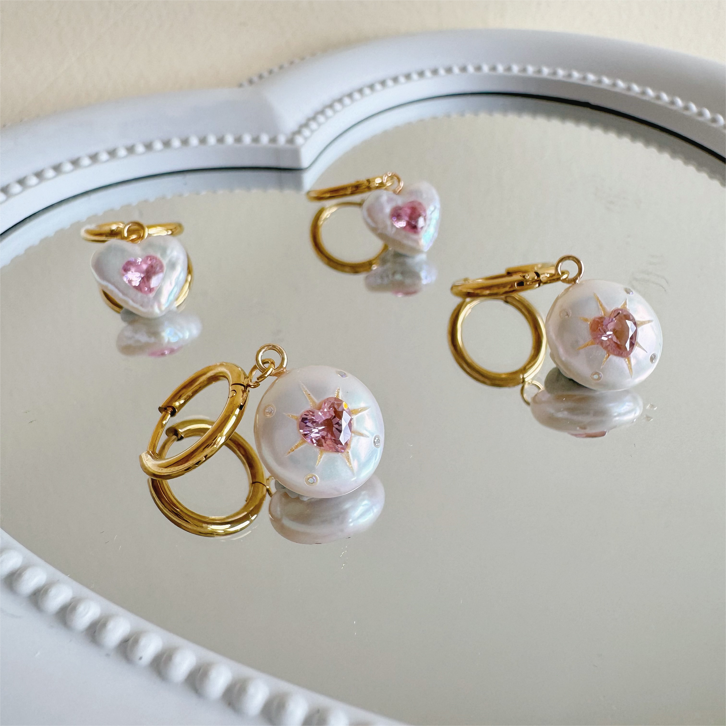 Pink Heart Gemstone Coin Pearl Hoop Earrings