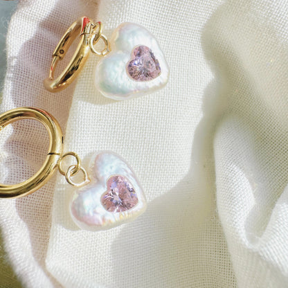 Pink Gemstone Heart Pearl Hoop Earrings