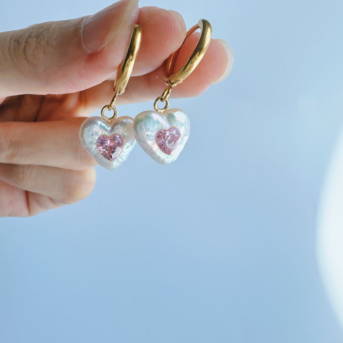 Pink Gemstone Heart Pearl Hoop Earrings