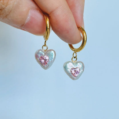 Pink Gemstone Heart Pearl Hoop Earrings